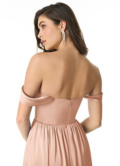 Azazie Morana Bridesmaid Dresses Rose Gold A-Line Off the Shoulder Stretch Satin Convertible Dress image7