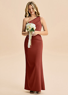 Azazie Akilah Junior Robe Fourreau en Satin extensible Plissée Terracotta image4