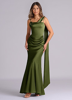Azazie Inara Bridesmaid Dresses Olive Mermaid Pleated Stretch Satin Dress image1