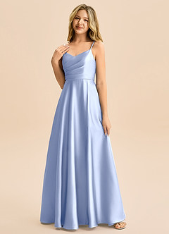 Azazie Rumi Junior A-Line Plisseret Stræk satin Gulv-længde Junior brudepige Kjole image3