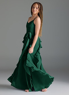Azazie Peyton Junior Emerald A-Line V-Neck Cascading Ruffles Chiffon Dress image4