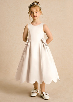 Azazie Macaroon Flower Girl Dresses White Alabaster Ball-Gown Bow Matte Satin Dress image4