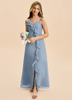 Azazie Iris Junior Dusty Blue A-Line Ruched Chiffon Dress image4