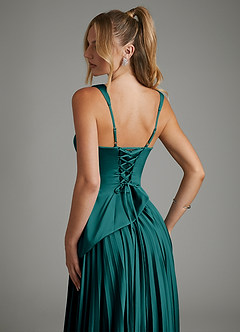 Azazie Stephanie Bridesmaid Dresses Peacock A-Line Corset Stretch Satin Dress image10