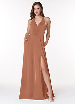 Azazie Ceria Final Sale Bronzer A-Line V-Neck Stretch Satin Dress image3