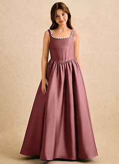 Azazie Enid Girls Formal Blomsterpigekjoler A-Line Perlebesat Stræk satin Gulv-længde Kjole image5