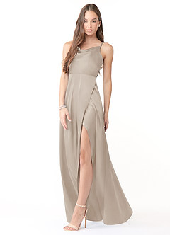 Azazie Naomie Bridesmaid Dresses Frost A-Line Cowl Neckline Side Slit Stretch Satin Dress image4