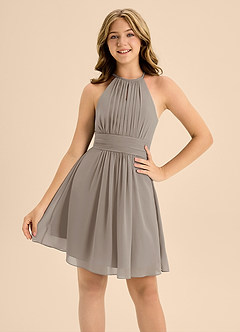 Azazie Bonnie Junior Taupe A-Line Pleated Chiffon Dress image5