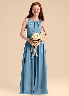 Azazie Bibiane Junior Abito A-Line in Raso Elasticizzato Plissettato Blu Acciaio image4