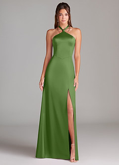 Azazie Elliana At-home Try On Dresses Dusty Blue Sheath Side Slit Stretch Satin Dress image5
