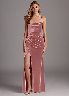 Azazie Kindness Final Sale Dusty Rose Sheath Cowl Neckline Corset Velvet Dress image1