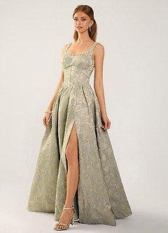 Cimaya Blau Ballkleid mit eckigem Ausschnitt und Jacquardmuster image3