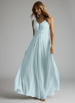 Azazie Gina Bridesmaid Dresses Mist A-Line V-Neck Pleated Chiffon Dress image2