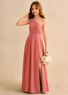 Azazie Puddles Girls Formal Flower Girl Dresses Salmon Pink A-Line One Shoulder Chiffon Dress image3