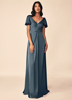 Azazie Soren Robes de demoiselle d'honneur Robe Trapèze en Satin extensible Plissée Violet Crépusculaire image1