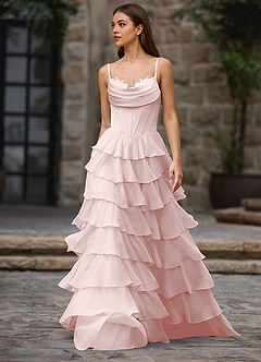 Floralace Powder Pink Ruffled A-line Prom Dress image5