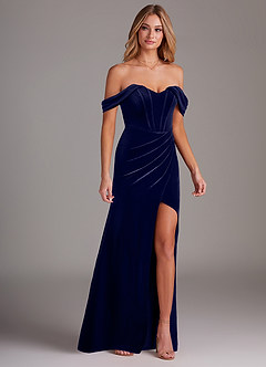Azazie Jas Robes de demoiselle d'honneur Robe Fourreau Convertible en velours Schulterfreies Korsett Bleu Marine Foncé image4