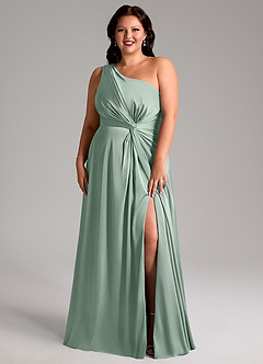 Azazie Brooke Bridesmaid Dresses Agave A-Line One Shoulder Stretch Satin Dress image9