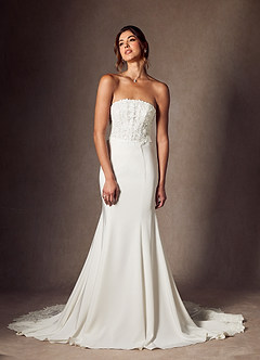 Azazie Lewena Hochzeitskleider Meerjungfrau-Linie Spitze Satin mit Krepprücken Kleid Diamantweiß image2