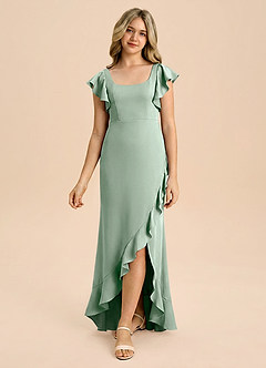 Azazie Demi Junior Agave Mermaid Bow Stretch Satin Dress image3