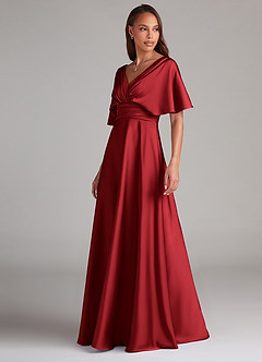 Azazie Pamela Robes de demoiselle d'honneur Robe Trapèze en Satin extensible Plissée Écarlate image4