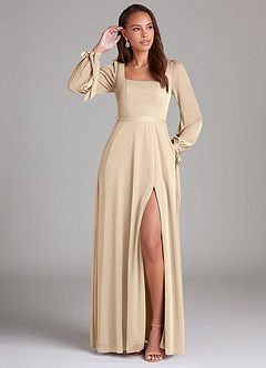 Azazie Leonia Brautjungfernkleider A-Linie Langarm Gittergewebe Kleid Champagner image1