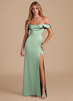 Azazie Saige Brautjungfernkleider Wandelbar A-Linie Schulterfrei Metallischer Satin Kleid Matcha image5