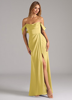 Azazie Johana Robes de demoiselle d'honneur Robe Sirène Convertible en Satin extensible Épaule décolletée Canari image1