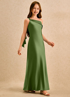 Azazie Almond Girls Formal Robe Demoiselle D'honneur Fillette Robe Fourreau en Satin extensible Une épaule Genévrier image5