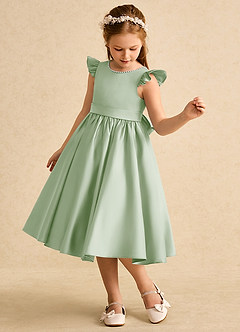 Azazie Dumpling Flower Girl Dresses Dusty Sage A-Line Bow Matte Satin Dress image4