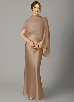 Azazie Jaleesa Bridesmaid Dresses Taupe A-Line High Neck Stretch Satin Dress image5
