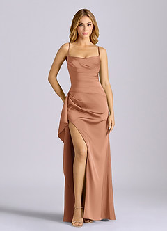 Azazie Sarai Bridesmaid Dresses Bronzer Sheath Corset Stretch Satin Dress image1