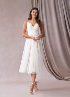 Azazie Liana Wedding Dresses A-Line V-Neck Sequins Tulle Tea-Length Dress image4