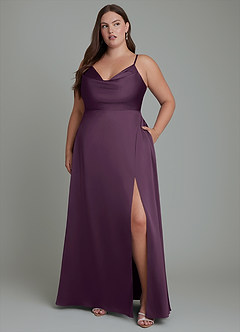 Azazie Sarella Bridesmaid Dresses Plum A-Line Pleated Stretch Satin Dress image10
