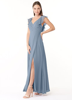 Azazie Yoko Abiti da Damigella Abito A-Line in Chiffon Increspato Blu Polveroso image3