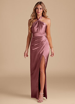 Azazie Zaya Bridesmaid Dresses Vintage Mauve Sheath Pleated Metallic Satin Dress image3
