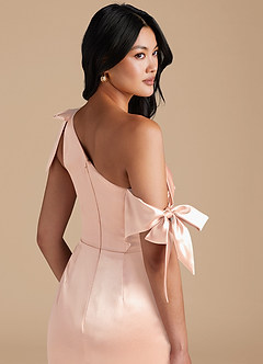 Azazie Xyla Bridesmaid Dresses Rose Gold Sheath Off the Shoulder Metallic Satin Convertible Dress image3