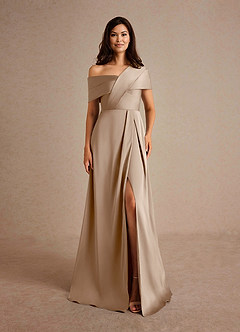 Azazie Milton Mother of the Bride Dresses Taupe A-Line Pleated Stretch Satin Dress image7