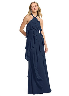 Azazie Velma Bridesmaid Dresses Dark Navy A-Line Side Slit Chiffon Dress image3