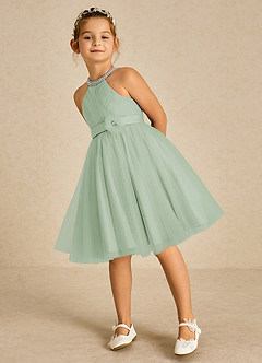 Azazie Honey Blumenmädchenkleider A-Linie Mit Perlen Matte Satin Kleid Agave image5
