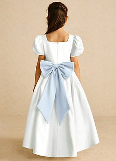 Azazie Zippy Flower Girl Dresses Ivory Mist A-Line with Sleeves Matte Satin Dress image5