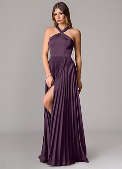 Azazie Afra Bridesmaid Dresses Plum A-Line Pleated Stretch Satin Dress image4