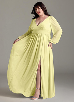 Azazie Norah Bridesmaid Dresses Lemon Sorbet A-Line V-Neck Long Sleeve Chiffon Dress image10