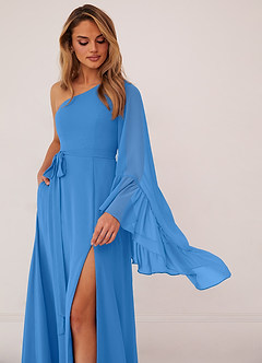 Barbie ♥ Azazie Brautjungfernkleider A-Linie Langarm Chiffon Kleid Blauhäher image5