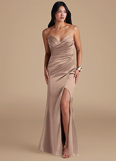 Azazie Yola Bridesmaid Dresses Taupe Sheath Pleated Metallic Satin Dress image6