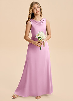Azazie Kiki Junior Robe Trapèze en Satin extensible Arc Rose Bonbon image3