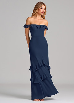 Azazie Marilynn Final Sale Dark Navy Mermaid Off the Shoulder Chiffon Dress image4