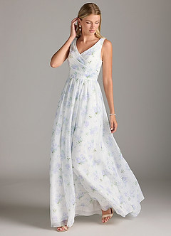 Azazie Keyla Bridesmaid Dresses Blue Vintage Floral A-Line V-Neck Pleated Chiffon Dress image5