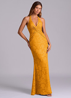 Azazie Valerie Abiti da Damigella Abito Sirena in Burnout Floreale Plissettato Caramello image5