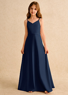 Azazie Fishie Girls Formal Flower Girl Dresses Dark Navy A-Line Matte Satin Dress image4
